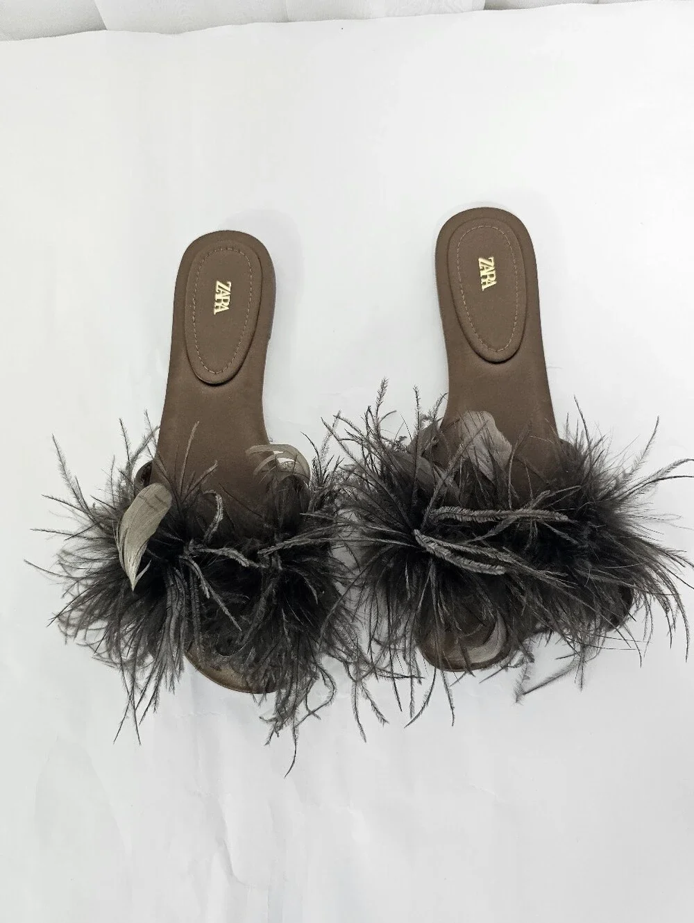 ZARA Feather Flat Sandals in Chocolate Brown Size 39 NEW